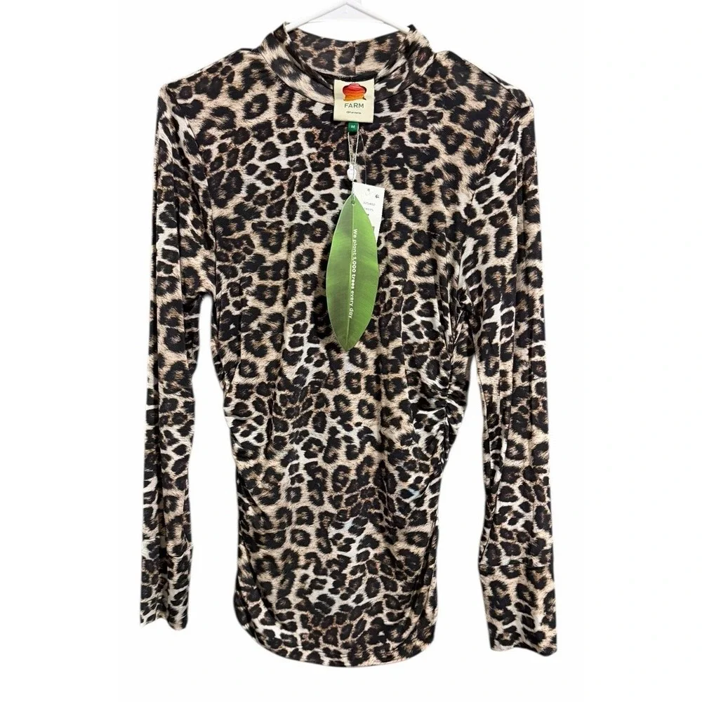 Farm Rio Mock Neck Long Sleeve Stretch Jersey Leopard Blouse Women's Size Medium